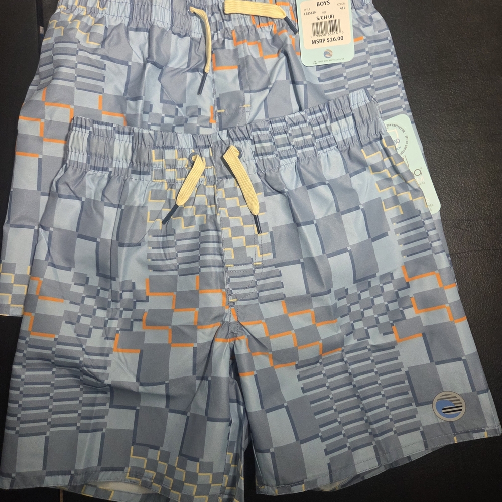 2-Geometric Blue and Orange Swim Shorts